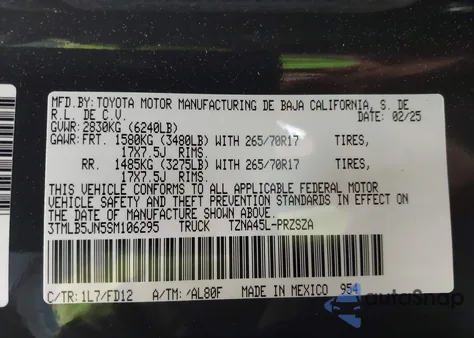 2025 Toyota Tacoma Trd Off Road from USA, damaged, VIN 3TMLB5JN5SM106295